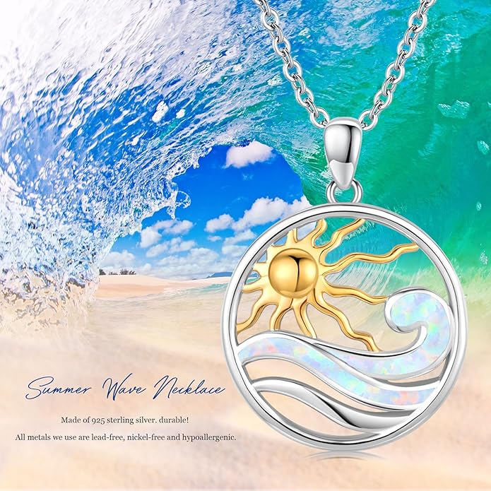 Midir&Etain Ocean Necklace 925 Sterling Silver Blue Opal Necklace Starfish/Flip Flop/Shark Pendant Beach Ocean Jewelry for Women