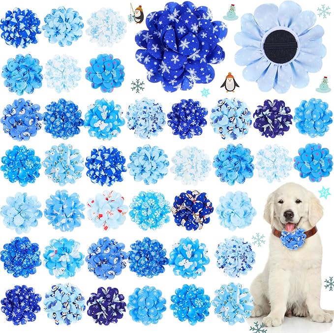 Lyrow 100 Pcs Winter Dog Collar Flowers Bulk Dog Charms Grooming Accessories Blue Bow Tie Flower for Puppy Cat Pets Collar Attachment Embellishment Winter Party Costume