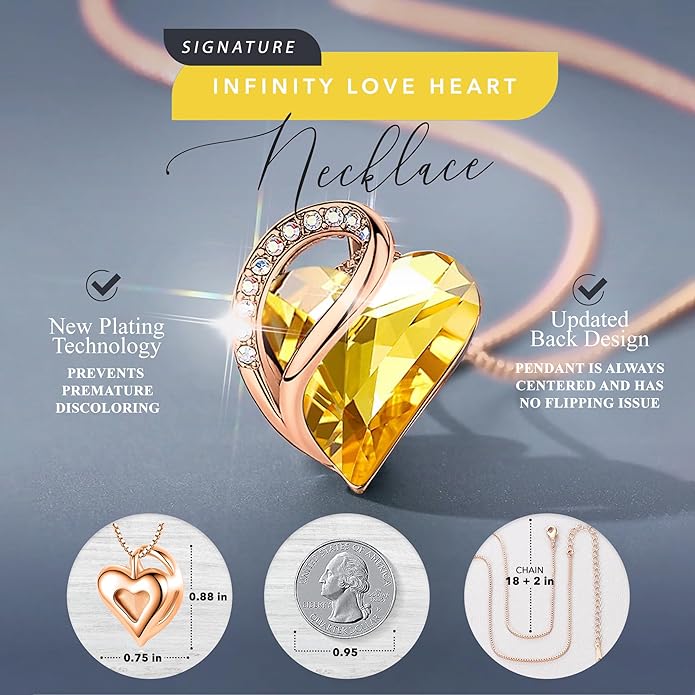 Leafael Rose Gold Plated Necklace for Women: Heart Shaped Birthstone/Healing Crystals Center, Dazzling Cubic Zirconia, Hypoallergenic Chain (18"+2"), Jewelry Gifts for Anniversaries and Birthdays