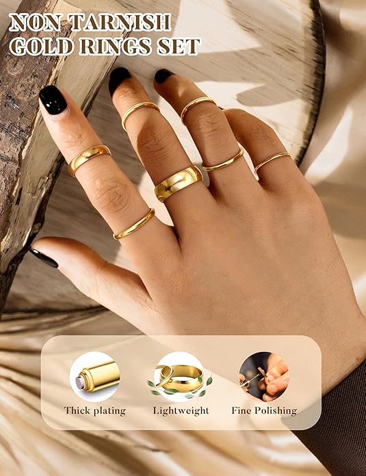 HAIAISO Silver Rings for Women Non Tarnish Stainless Steel Rings Set Dainty Gold Band Ring Stack Simple Stackable Thumb Pinky Ring for Multiple Size