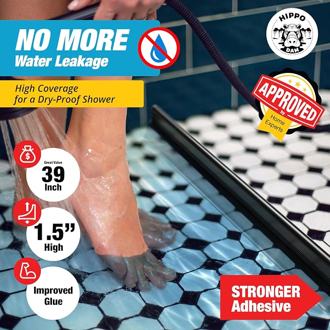 39" Black Shower Threshold Water Dam Barrier, 1.5" Tall Water Stopper Strip | - Image 3