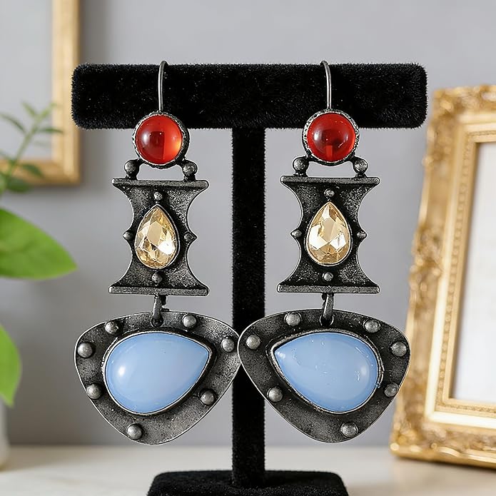 Multi-Color Gemstone Drop Earrings, Dangle Style, Hook Design