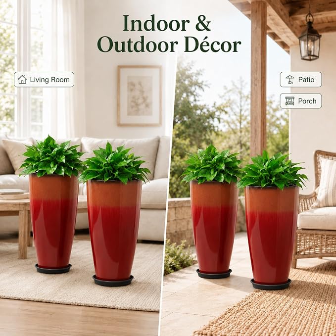 Neoaider Set of 2 Tall Planter, 21 inch Large Plastic Planter, Firey Red | - Image 9