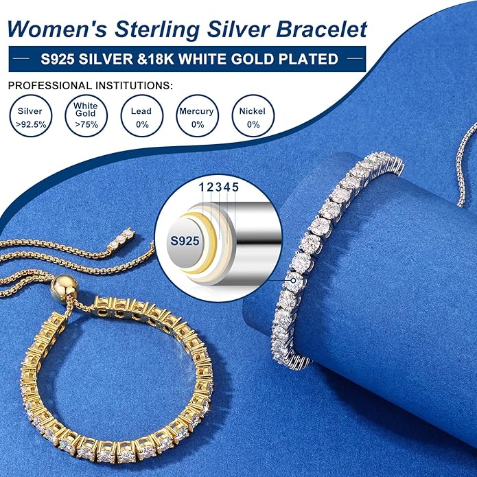 Moissanite Tennis Bracelet 1.79ct-8.69ct Adjustable Bracelet for Women 18K White Gold Plated S925 Sterling Silver Tennis Bracelet D Color VVS1 Round Cut 2/3/4mm Moissanite Bracelet Gifts for Wife/Mom