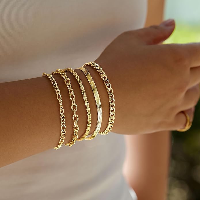 Gold Bracelets Set for Women Stack, Dainty Thick Bracelets Stack for Women Trendy, Simple Thin Gold Plated Cuff Stackable Bracelets With Beaded Cuban Paperclip Snake Rope Bangle Hand Chain Jewelry Gifts for Women Non Tainish