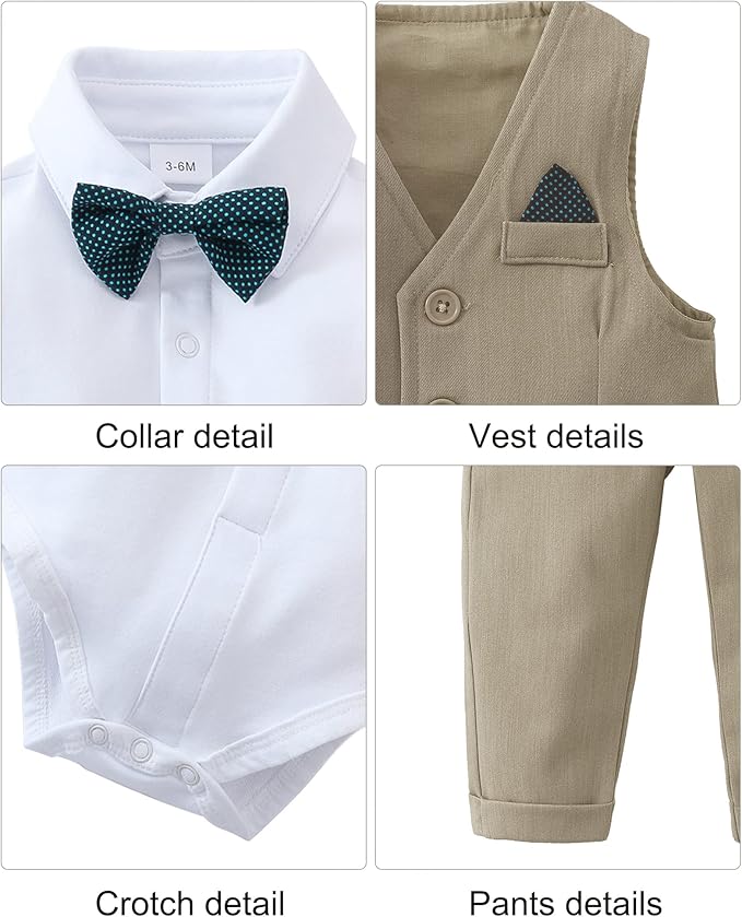 DISAUR Baby Boy Clothes Toddler Boy Outfits 4PCS Gentleman Dress Romper/Vest/Pants/Bow Tie Cotton Suit Sets