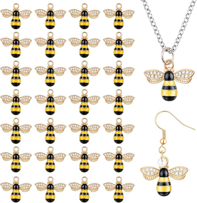 Larrel 30PCS Bee Charm Pendants with Rhinestone, Alloy Enamel Bee Charms Pendants, Cute Honeybee Charms for Jewelry Making, DIY Craft, Earring, Necklace and Bracelet