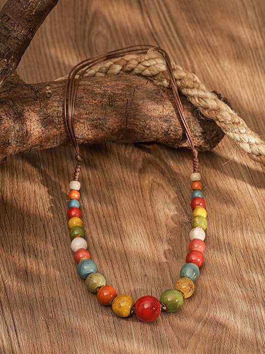 MINACHI Hippie Boho Colorful Ceramic Round Beads Strand Necklace, Bohemian Fashion Statement Jewelry Gift for Women