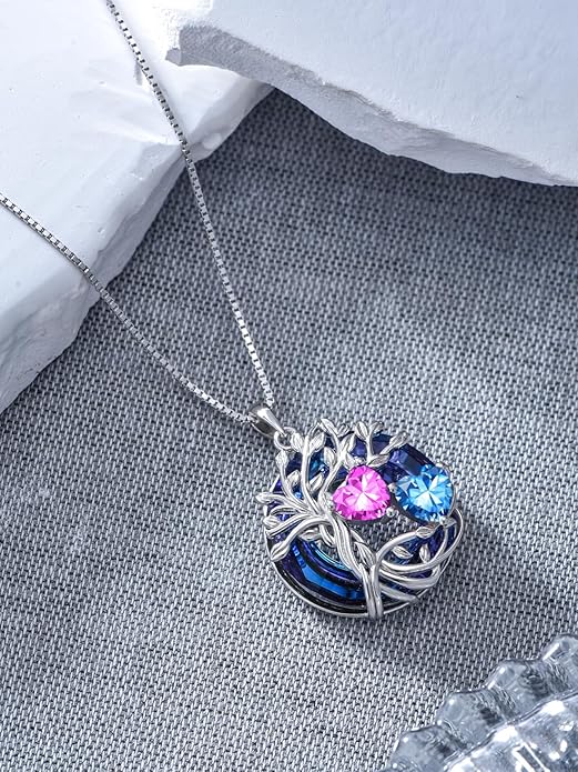 TOUPOP s925 Sterling Silver Family Celtic Tree of Life Pendant Necklaces with 2 Heart Birthstone with Blue Austrian Crystal Jewelry Birthday Valentines Day Gifts for Her, Anniversary Christmas Gifts for Wife Girlfriend Mom (18K Real White Gold Filled)