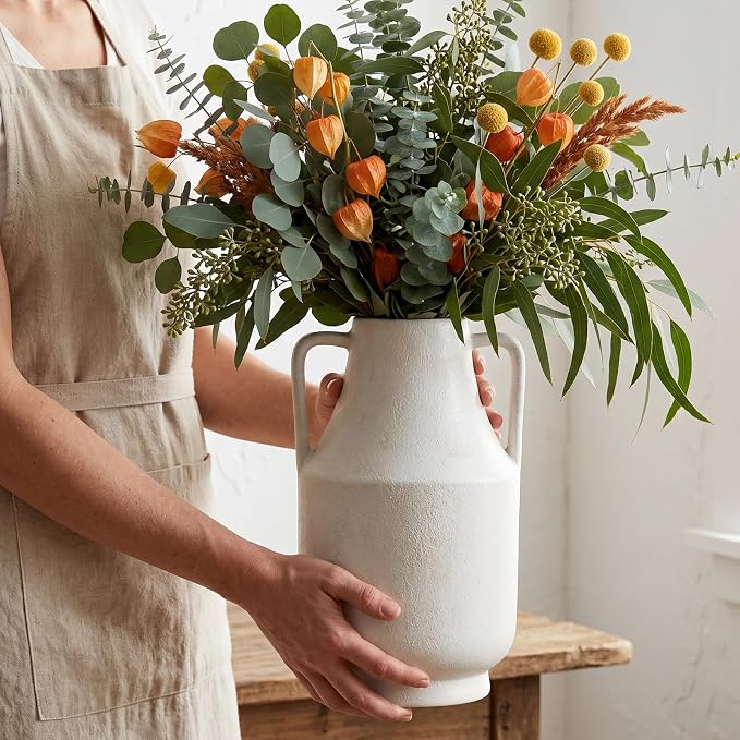 Ceramic Flower Vase with Handles, 11in Tall White Vases - Image 8