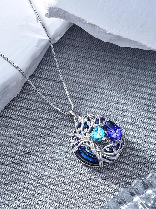 TOUPOP s925 Sterling Silver Family Celtic Tree of Life Pendant Necklaces with 2 Heart Birthstone with Blue Austrian Crystal Jewelry Birthday Valentines Day Gifts for Her, Anniversary Christmas Gifts for Wife Girlfriend Mom (18K Real White Gold Filled)