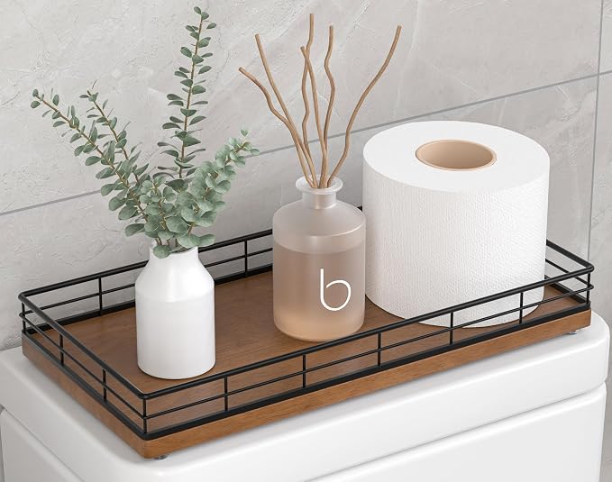 Toilet Paper Basket Organizer, Oak Wood Toilet Tank Tray by Focusonit