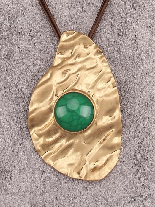 GelConnie Leather Necklace for Women Large Pendant Long Brown Necklace Circle Leather Choker Vintage Sweater Necklace Gold Chunky Boho Necklaces for Women