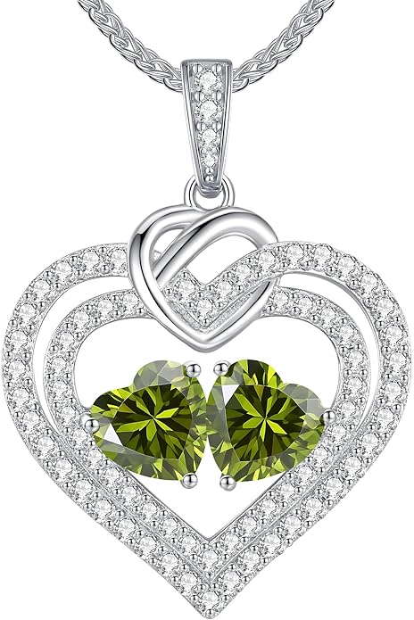 LOUISA SECRET Sparkling Double Heart Birthstone Necklaces for Women, 925 Sterling Silver Fine Jewelry, Pendant Heart Necklaces Birthday Anniversary Christmas Gift for Women Wife Mom Girlfriend Lady