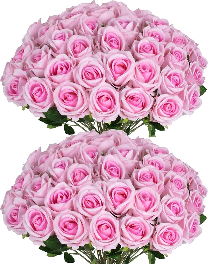 50 PCS Fake Pink Roses, Artificial Flowers Bulk, Realistic Silk Faux Roses | by Jefuzh