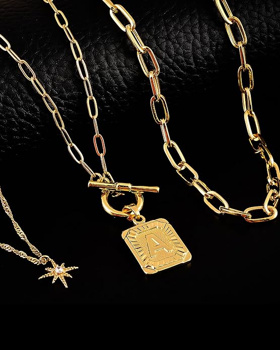 MJartoria Layered Initial Necklaces for Women Trendy, 14K Gold Plated Brass Simple Star Choker Square Letter Pendant Necklace, Paperclip Chain Necklaces Jewelry Gifts