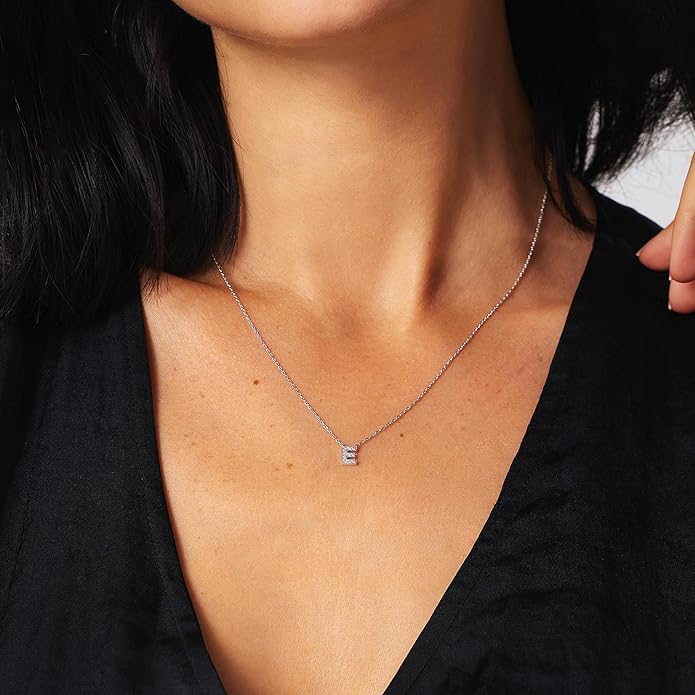 JTV Sterling Silver Initial Necklace for Women, 0.13 CTW White Cubic Zirconia Letter Pendant, Rhodium-Plated, Personalized Monogram Jewelry, Gift Box Included, 18”