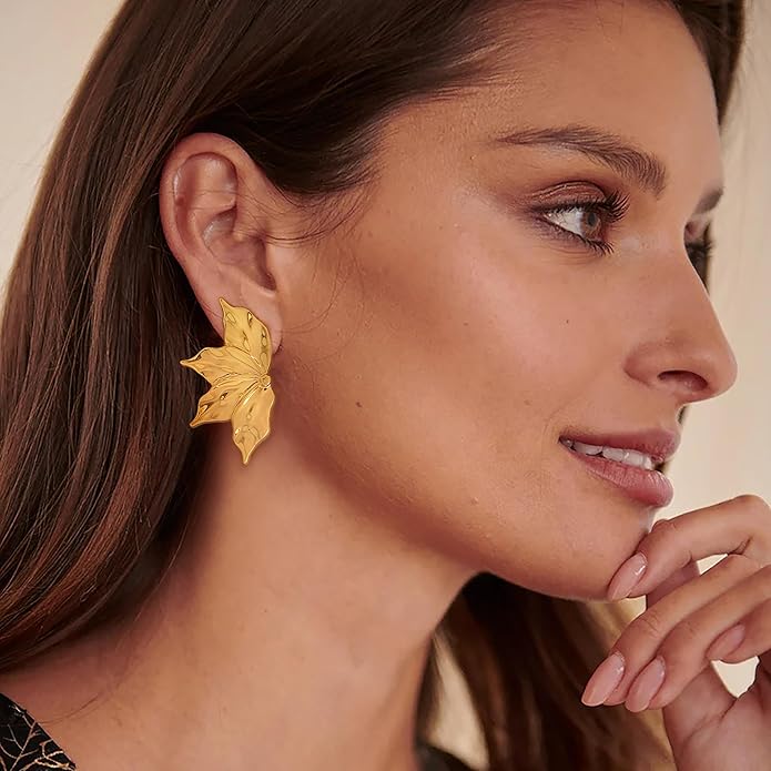 Chunky Gold Statement Earrings For Women Gold Plated Sectored Flower Leaf Shell Angel Wing Earrings Trendy Boho Jewelry For Women Large Stud Earrings Hypoallergenic Earrings