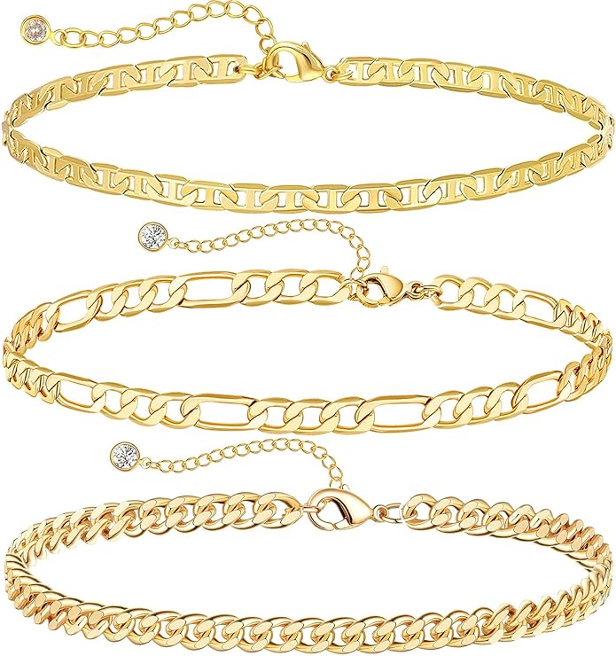 DEARMAY Dainty 14K Gold Plated Ankle Bracelets for Women, Waterproof 14K Gold Plated Link Chain Anklets Non Tarnish Set Pack Summer Beach Jewelry Gift
