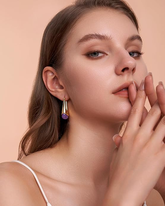Long Oval Chunky Dangle 18K gold plated Hoops with Colored Resin Gemstone Statement Earrings for Women by SNGIA, (Green, Brown, Blue, Pink, White, Cream), Bold Drop Handmade Exaggerated Irregular Trendy Bohemian Jewelry Gifts, Unique Dangling Teardrop ...