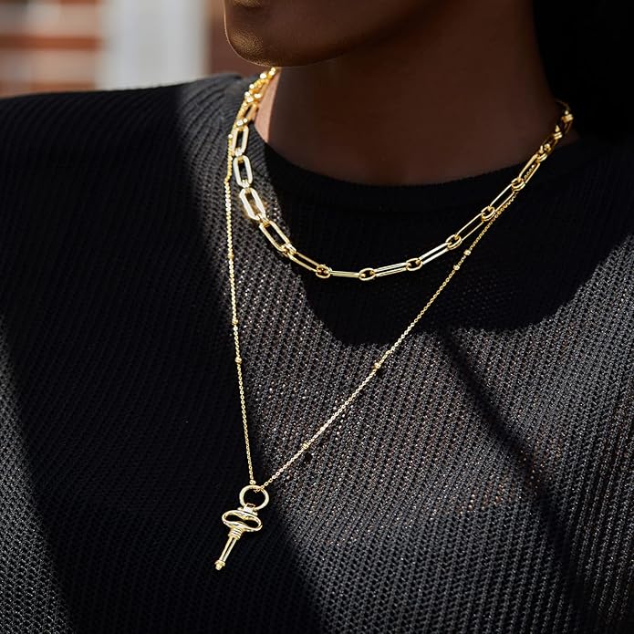 Dainty Layered Choker Necklace 18k gold Plated Y Pendant Commemorative coin Necklace Multilayer Bar Disc Necklace Adjustable Layering Choker Necklaces fashion jewelry for Women Girls