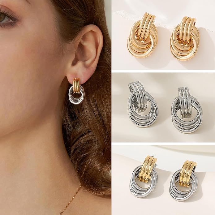 Stocking Stuffers for Women Chunky Gold Knot Dangle Drop Earrings Trendy Statement Earrings Hypoallergenic Lightweight Gold Jewelry Women Christmas Gifts