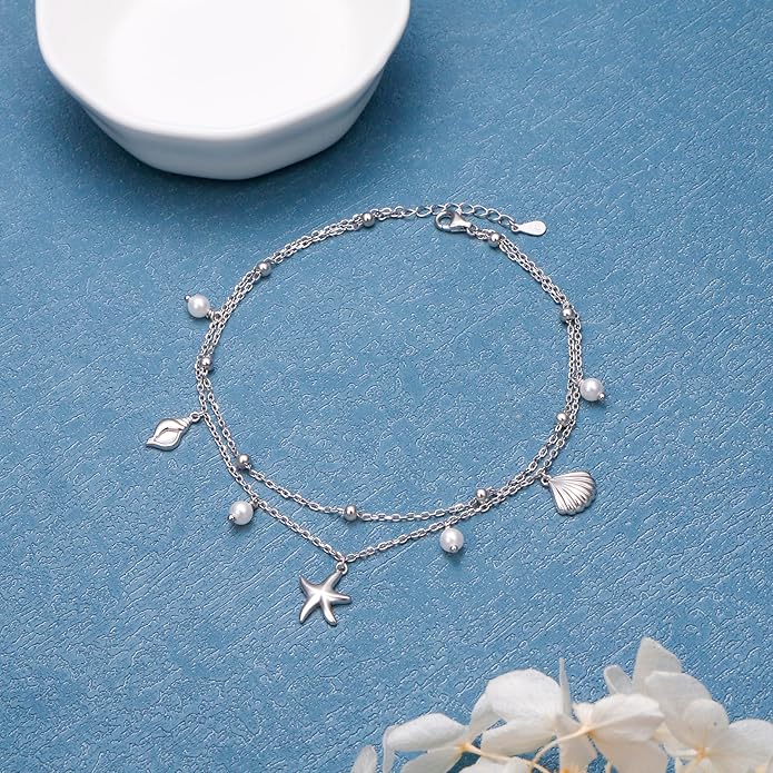 S925 Sterling Silver Ankle Bracelets Anchor/infinity/Starfish Anklet for Women Blue Opal Moonstone Anklet Foot Chain Beach Anklets Jewelry