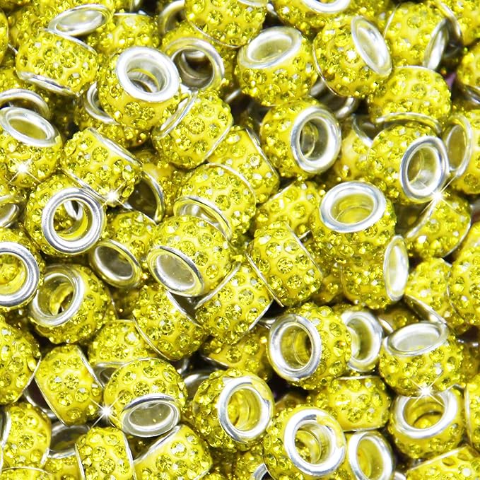 150Pcs Rhinestone Large Hole Beads Spacer Beads Yellow European Craft Big Beads Large Hole Rhinestones Lampwork Murano Bead Fairy Wand Garden Beads for DIY Bracelet Necklace Jewelry Making Supplies