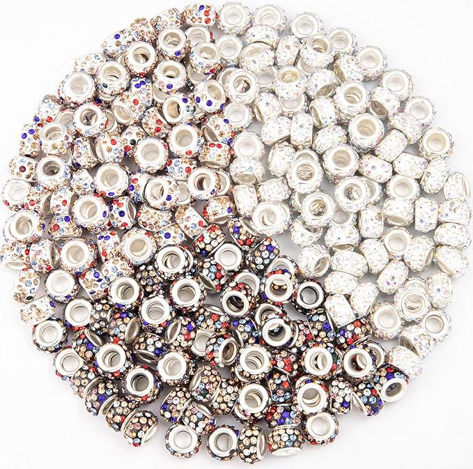 200 Pieces European Large Hole Spacer Beads, Colour European Craft Beads Rhinestone Lampwork Beads Fairy Garden Beads for DIY Charms Bracelet Necklace Earring Jewelry Making Supplies