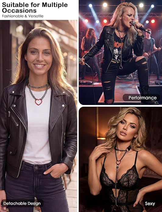 FEOYA Heart Choker Necklace for Women Hearts O-Ring Slip Chain Adjustable Punk Leather for Valentine Cosplay Gift