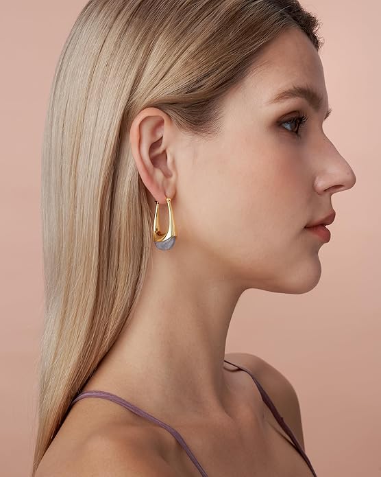 Long Oval Chunky Dangle 18K gold plated Hoops with Colored Resin Gemstone Statement Earrings for Women by SNGIA, (Green, Brown, Blue, Pink, White, Cream), Bold Drop Handmade Exaggerated Irregular Trendy Bohemian Jewelry Gifts, Unique Dangling Teardrop ...