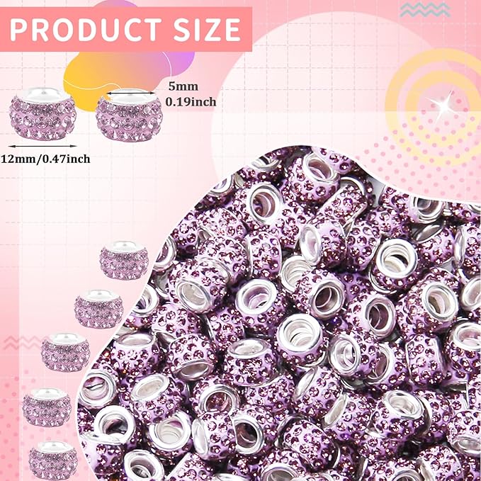 150Pcs Rhinestone Large Hole Beads Spacer Beads Purple European Craft Big Beads Large Hole Rhinestones Lampwork Murano Bead Fairy Wand Garden Beads for DIY Bracelet Necklace Jewelry Making Supplies