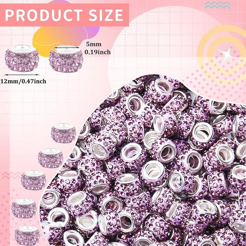 100Pcs Rhinestone Large Hole Beads Spacer Beads Purple European Craft Big Beads Large Hole Rhinestones Lampwork Murano Bead Fairy Wand Garden Beads for DIY Bracelet Necklace Jewelry Making Supplies