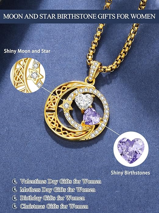 14K Gold Moon and Star Necklace Gifts for Women - Double Heart Birthstone Necklace, Valentines Wedding Anniversary Birthday Gifts for Her Wife Mom Daughter Grandma Sister