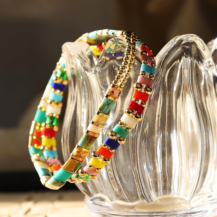 Sonateomber Tila Flat Beaded Stretch Bracelets for Women, Trendy Unique Colorful Square Beads Handmade Stack Bracelet Friendship Accessories Fashion Jewelry Gift