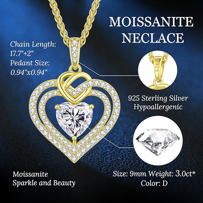 OOBEE Valentines Day Gift Moissanite Heart Necklaces for Women, 1- 4 Carat Moissanite 925 Sterling Silver 14K Gold Plated Pendant Necklace, Ideal Anniversary Birthday Christmas Mothers Day Jewelry Gifts for Mom Wife Her Girlfriend Daughter