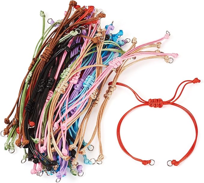50 Pcs Adjustable Braided Cord Colorful Waxed Thread Half Finished Bracelet with Jump Rings for Wrist DIY Women Jewelry Making Friendship Fashion Bangle Accessory 14-28cm Long