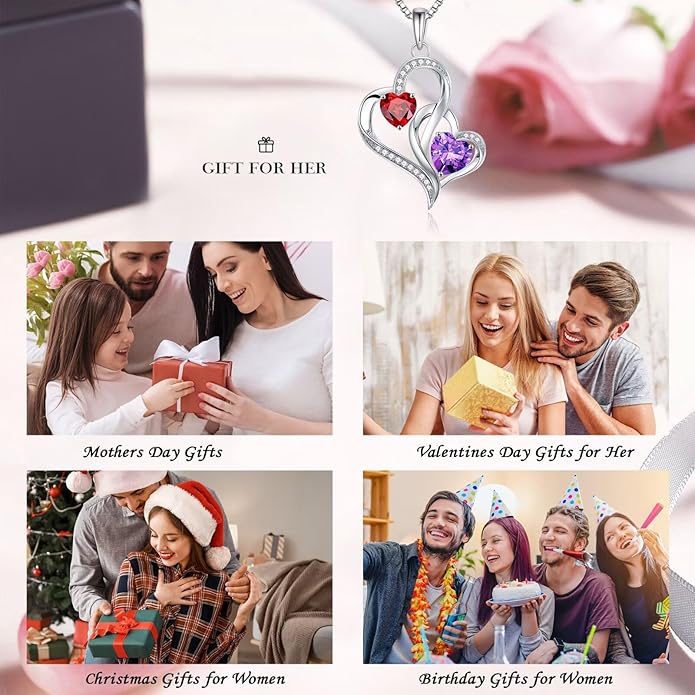 Iefil Valentines Day Gifts for Her - 925 Sterling Silver Double Birthstone Necklace, Heart Necklaces for Women, Anniversary Birthday Gifts, Personalized Jewelry Gift for Wife Mom Girlfriend