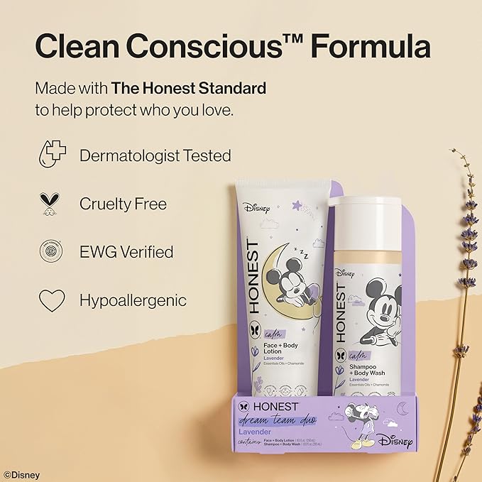 The Honest Company 2-in-1 Cleansing Shampoo and Body Wash and Face and Body Lotion Bundle and Disney Design Gentle Enough for Baby Dermatologist Tested Calm Lavender 18.5 fl oz