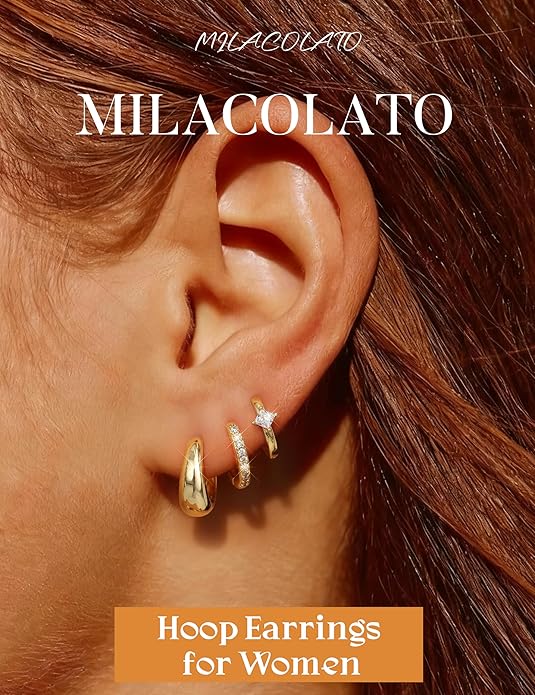 MILACOLATO 3 Pairs Small 14K Gold Plated Hoop Earrings for Women Trendy Hypoallergenic Silver Earring Stacks Huggie Hoops Earring Sets for Multiple Piercing Chunky Double Hoop Jewelry Lightweight