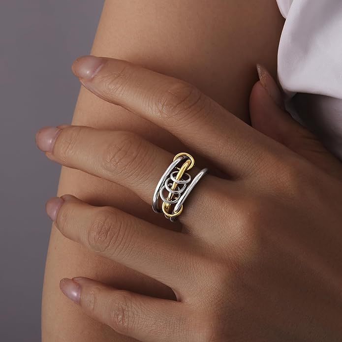 Gelbesty Stackable Gold Silver Band Rings for Women, Statement Chunky Cubic Zirconia Rings, Fashion Unique Designer Mixed Metal Jewelry Size 5/6/7/8/9/10/11