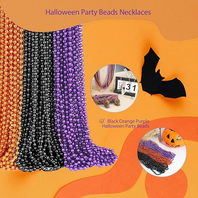 YAXINRUI 120 PCS Halloween Beads Necklaces, Purple Black Orange Party Beads 33'' Halloween Necklaces Accessories Party Stuff for Trick or Treat Decorations