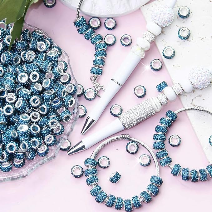 60Pcs Rhinestone Large Hole Beads Spacer Bead Blue European Craft Big Beads Large Hole Rhinestones Lampwork Murano Fairy Wand Garden Bead for DIY Bracelet Necklace Jewelry Making Supplies