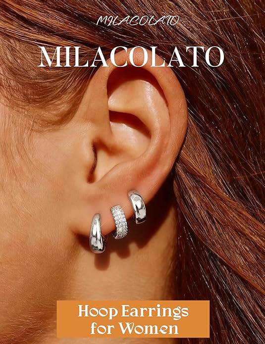 MILACOLATO 3 Pairs Small 14K Gold Plated Hoop Earrings for Women Trendy Hypoallergenic Silver Earring Stacks Huggie Hoops Earring Sets for Multiple Piercing Chunky Double Hoop Jewelry Lightweight