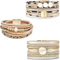 Wowanoo 3Pack Leather Cuff Bracelet Set Multilayer Wrap Bracelet Crystal Feather Tree Bracelet Magnetic Clasp Bracelet for Women