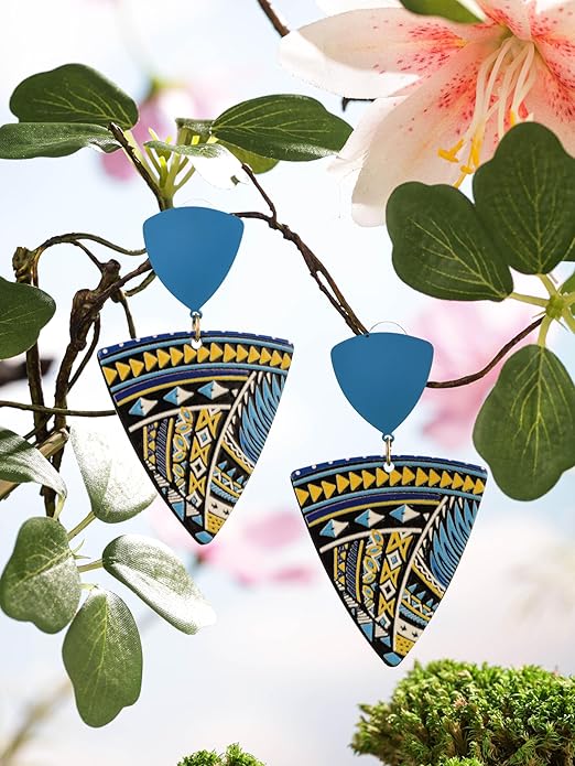 MINACHI Boho Chic Geometric Drop Earrings, Vibrant Multicolor Pattern with Navy Accent Beads & Glossy Studs, Jewelry Gift for Women