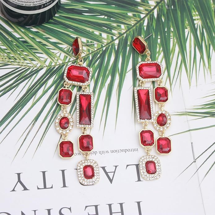 Vintage Rectangle Teardrop Chandelier Earrings, Art Deco Wedding Austrian Crystal Drop Dangle Earrings for Women Party Prom