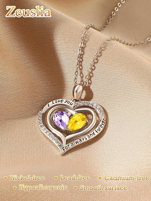 Valentine's Day Gifts for Wife 925 Sterling Silver Double Birthstone Pendant Necklaces I Love You for Always and Forever Necklace Anniversary Birthday Gifts for Wife Girlfriend Mom Her