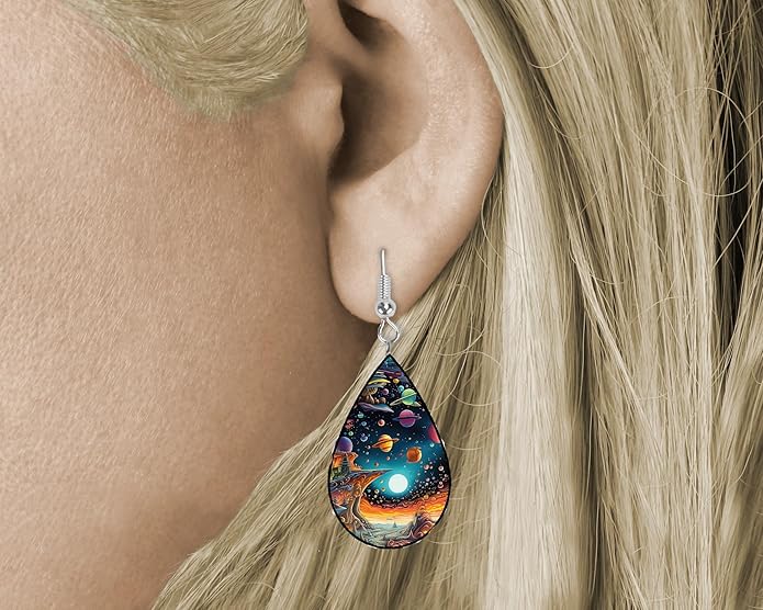 Teardrop Wood Earrings Light Weight Printed Image Dangle Jewelry, Fun and Funky