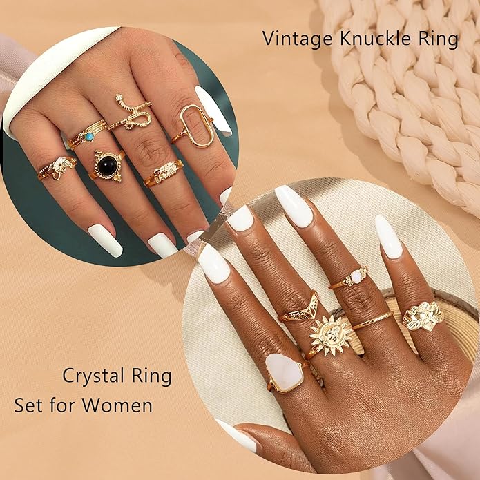 Subiceto 70 Pcs Vintage Crystal Ring Set Knuckle Rings for Women Bohemian Stackable Joint Rings Retro Boho Stacking Joint Finger Rings Pack